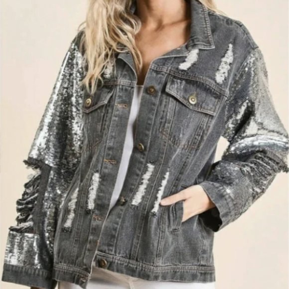 Macaron Distressed Denim Jacket With Sequin Sleeves (Size S) - Picture 2 of 12